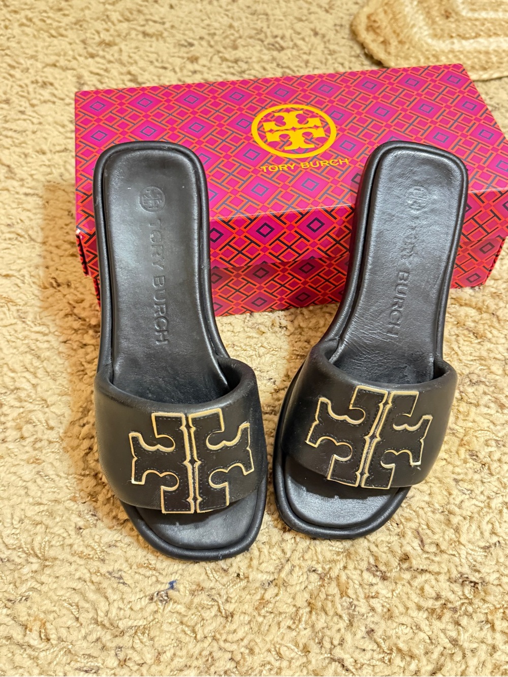 Tory Burch Black Slide Sandals with Gold Logo